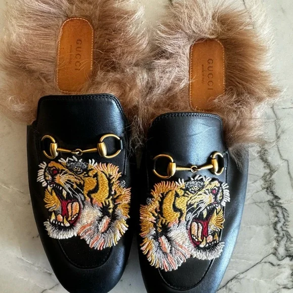 Gucci Princetown Tiger Leather & Fur Loafers 38 - Picture 1 of 11